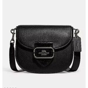 Coach 2023 Morgan Black Pebbled Leather Saddle Bag Crossbody Snakeskin Trim NWOT